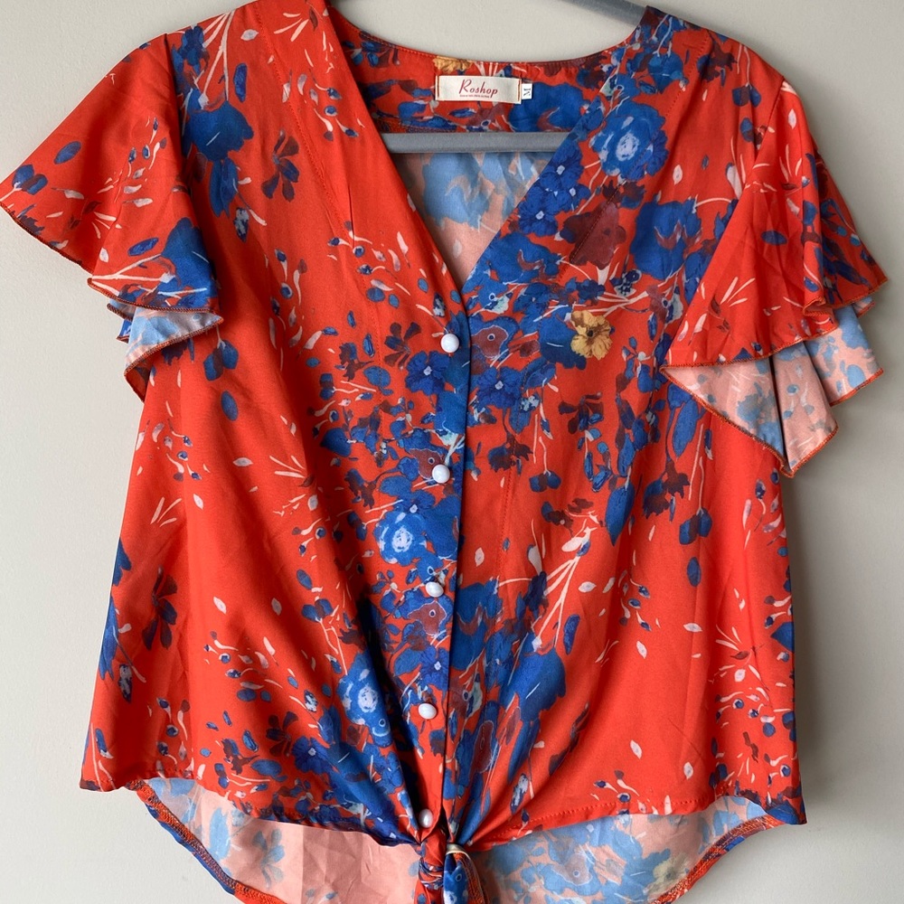 Orange floral flutter sleeve top